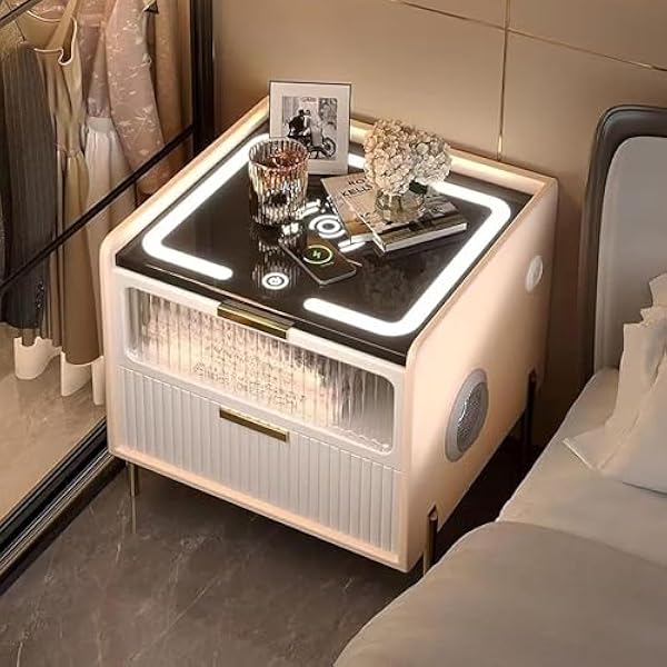 Modern nachtkastje, verstelbare led-lichtbijzettafels, draadloos opladen en USB-nachtkastje, glazen lade, nachtkastje