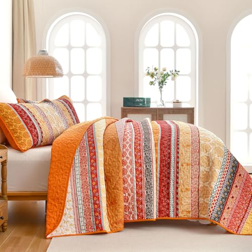 Colcha boho king de microfibra suave WONGS BEDDING con acabado a rayas naranja y diseño textil 5