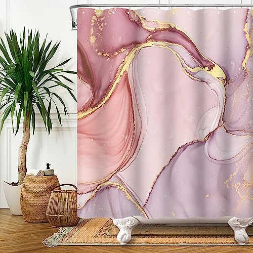 SDOTPMT 122x183cm Marble Shower Curtain Mixed Pink Purple Luxury Texture Golden Powder Bath Curtain Abstract Smooth Swirl Bathtub Curtain for Bathroom Fabric Polyester Waterproof with Hooks - Image 2