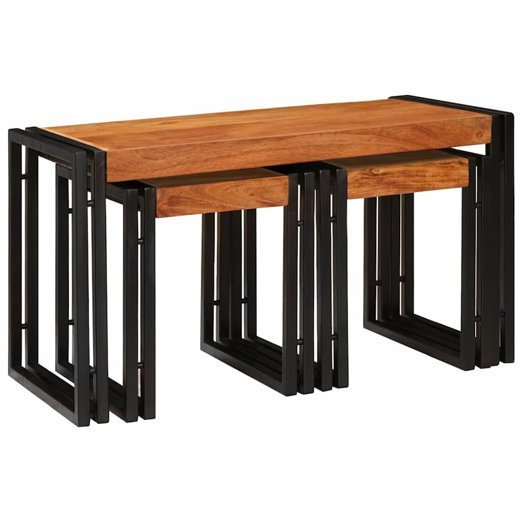 SXZenSpace Industrial Nesting Tables Set of 3 Brown Black Solid Acacia Wood Iron Frame Rectangular Side Coffee End for Living Room Bedroom Corridor