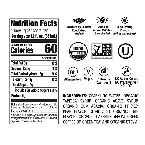 Oca - Plant Based Energy Drink - Natural Low Sugar - Organic Energy Drink & Vegan - Prickly Pear Lime - 60 Cal. Can - 12 Pack #TOP2