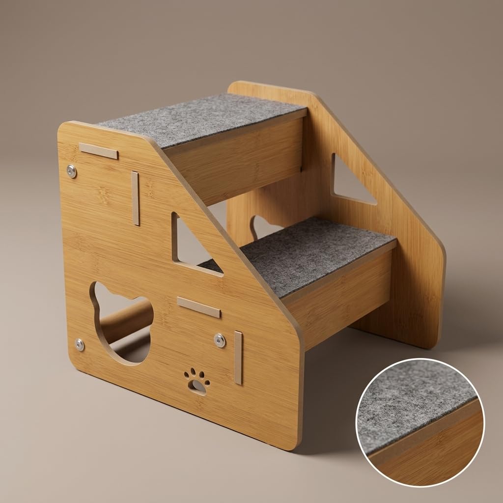 Scaletta per Animali in Legno, Rivestimento in tessuto, Pedana per animali, Accesso ai mobili, style to 1