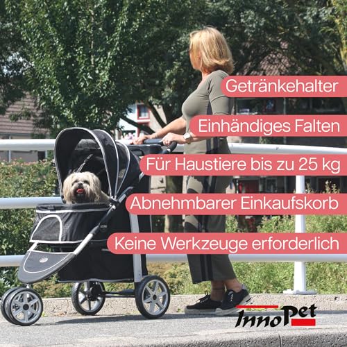 Katzenbuggy, Hundewagen mit Regenschutz, einhändig klappbar – Innopet Hundebuggy Monaco schwarz mit Klickverschluss – herausnehmbarer Korb unten – 360° schwenkbares Vorderrad - Hundewagen