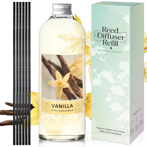 Image of STRN Reed Diffuser Refill, Vanilla Scent Diffuser 500ml | 16.9 oz with 6 Reed Sticks, Room Fresheners for Home, Long-Lasting Fragrance for Living Room, Bedroom, Office, Home Decor