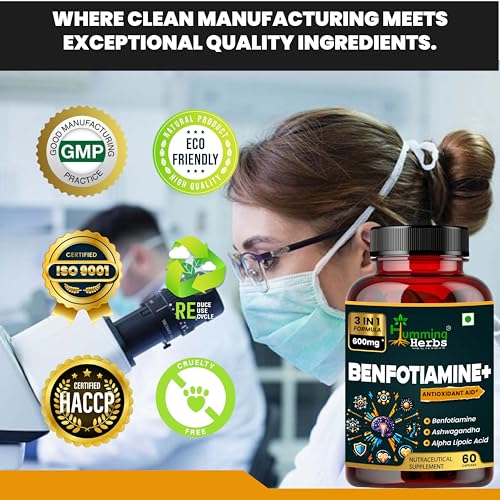 Image of Humming Herbs Benfotiamine+ 600mg with Ashwagandha & Alpha Lipoic Acid - Antioxidant & Energy Support - Promotes Nerve Health & Metabolic Function - Nutraceutical Supplement (60 Caps)