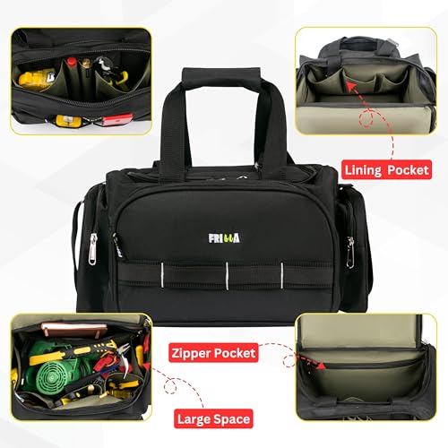 Image of FRILLA Tool Bag, Professional Electrician Storage Bag, 24x48x21 cm, Black, Heavy Duty with Adjustable Strap