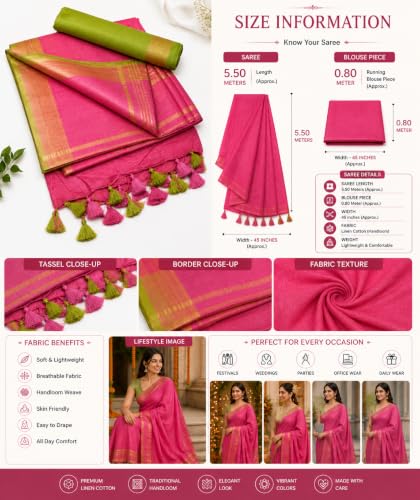 Image of HAIDER ALI AND SONS Grey Cotton Linen Saree for Women | Soft Linen Slub Blend Saree with Running Blouse Piece | Lightweight Handloom Style Saree | Office, Casual, Party & Festival Wear