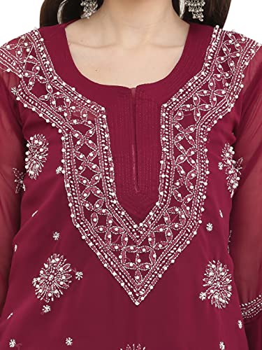 Image of FAWOMENT Women's Designer Georgette Straight Kurta with Hand Crafted Lucknowi Chikankari Embroiderey Emblemished Moti Work Along