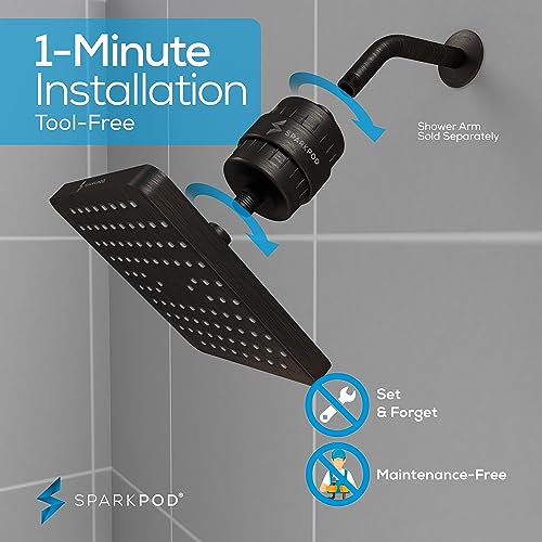 Image of SparkPod Filtered Shower Head, 23-Stage, 8 inch Square, Oil-Rubbed Bronze | Showerhead for Hard Water, High Pressure, Reduces Chlorine, Heavy Metals, For Dry Skin & Hair, Removable Capsule Filter