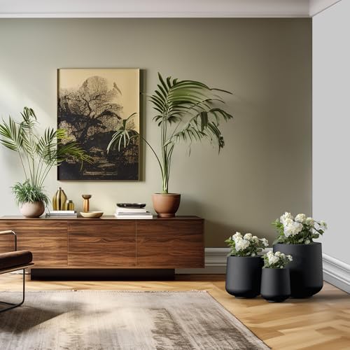 Image of Kante Set of 3 Black Concrete Curved Round Planters for Modern Home | Handcrafted, Premium, Durable, All-Weather Cement Pot, Drainage for Outdoor, Rubber Plug for Indoor Home, Anti-Frost & UV