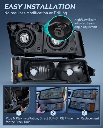 Image of Nilight Headlight Assembly for 2003 2004 2005 2006 Chevy Silverado Avalanche 1500 1500HD 2500 2500HD 3500 Chevrolet Pickup Replacement Headlamp Housing Bumper Lamp Set