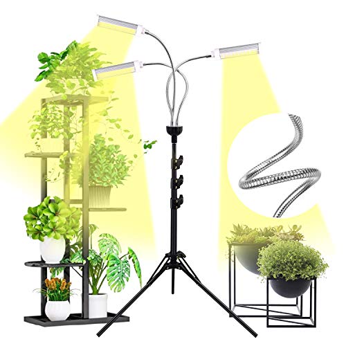 Preisvergleich Produktbild Shotory LED Pflanzenlampe mit Stativständer, Vollspektrum LED-Pflanzenlicht DREI Köpfe Wachstumslampe für Zimmerpflanzen, Pflanzenleuchte Stativ verstellbar 15-47 Zoll, 3 / 9 / 12H Timer & 3 Modi