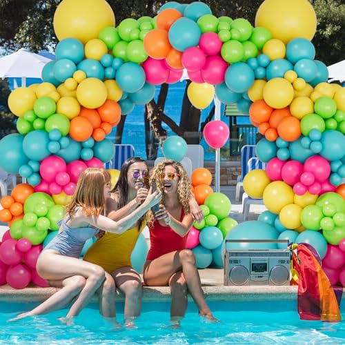 Image of 131pcs Summer Tropical Balloon Arch Garland Kit -Double Stuffed Hot Pink Orange Light Blue Balloon for Hawaiian Summer Beach Aloha Luau Birthday Baby Shower Party Decor