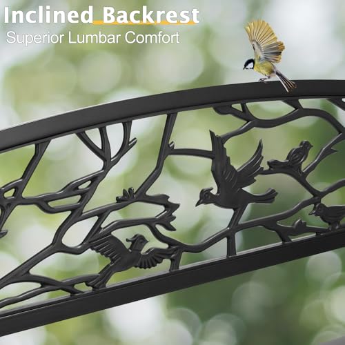 Image of VINGLI Outdoor Bench for Patio Metal Garden Bench w /PVC Back Pattern, Black Park Benches Front Porch Benches for Yard Lawn Decor Deck Entryway (Black-Bird)