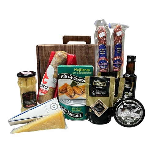 Cesta Regalo Gourmet Ibérica para Navidad | Surtido de Productos Selectos con Embutidos, Queso Gallego, Conservas Ría de Santoña, Aceite de Oliva y Detalles Artesanos en Caja Elegante