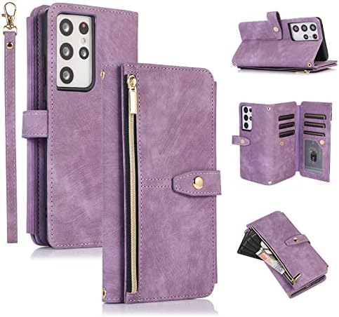 UEEBAI Wallet Case for Samsung Galaxy S21 Ultra 5G, Retro 9 Card Holder Slots Zipper Pocket Handbag Case PU Leather Magnetic Closure Kickstand with Wrist Strap TPU Shockproof folio Case - Black