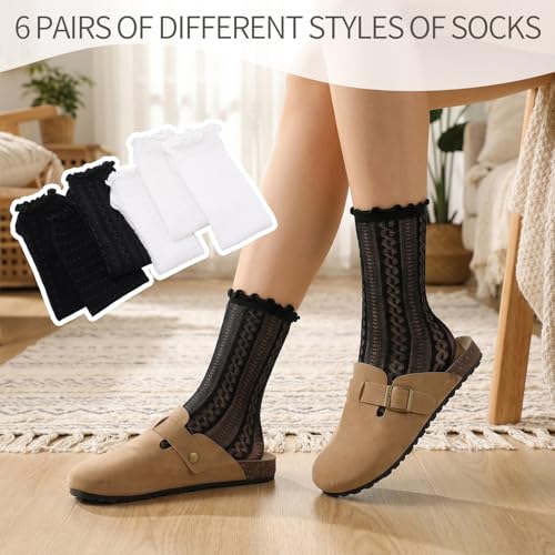 Image of Jspupifip 6 Pairs Lace Ruffle Frilly Crew Socks for Women Girls | Cotton Breathable Cute Princess Ankle Dress Lace Socks Thin Cool Casual Socks