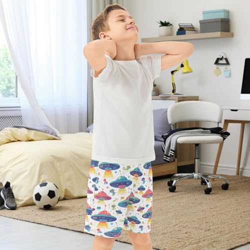 Boys Athletic Shorts with Pockets Spaceship Running Basketball Shorts for Youth Elastic Waist Size 7-83