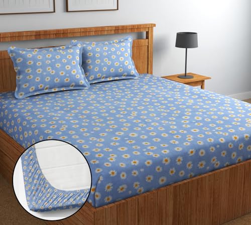 Image of Jashan Elastic King Size Fitted bedsheets with 2 Pillow Cover | King Size bedsheets | 100% Glace Cotton | Fitted bedsheet Cotton King 72 inch x 78 inch inches (Double Elastic Bedsheet, Multi-04)