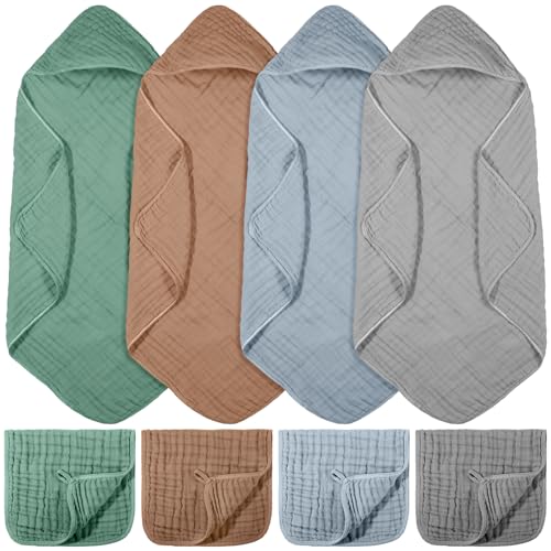 Image of VitalCozy 8 Pcs Baby Muslin Hooded Bath Towels and Washcloths Muslin Cotton Hooded Baby Towels Absorbent Blankets for Gift Newborn Infant Shower (32 x 32 Inch,Modern Style)