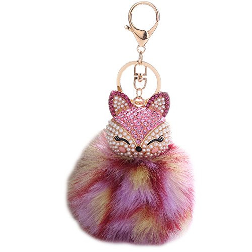 Fox Fur Ball Pearl Rhinestone Keychain Keyring for Car Key Ring Handbag Chain