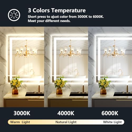 Image of 40x30 Inch LED Bathroom Mirror with Lights Front and Backlit Lighted Vanity Mirror for Bathroom Wall with 3 Colors Dimmable Anti-Fog Memory Shatter-Proof IP54 Waterproof Horizontal /Vertical