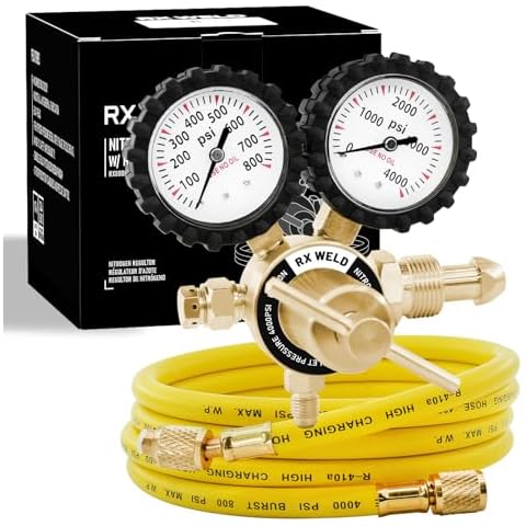 RX WELD Nitrogen Regulator with 0-800 PSI, CGA580 Inlet, Delivery Pressure Equipment Brass Inlet Outlet Connection Gauges with Refrigeration Hose Cover