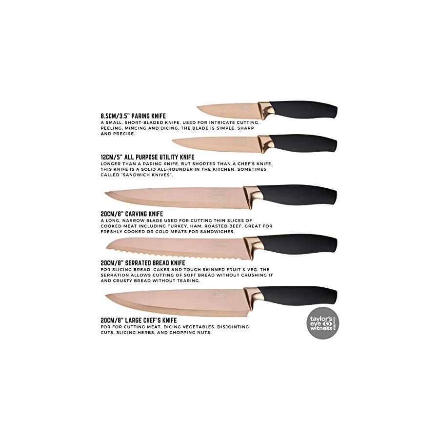 5pc-Kitchen-Knife-Set-Block-Brooklyn-by-Taylors-Eye-Witness-Rose-Gold-Coloured-Bolsters-Finely-Ground-Razor-Sharp-Titanium-Coated-Matching-Blades-Soft-Grip-Handles-Modern-Fan-Shaped-Holder 5pc Kitchen Knife Set & Block - Brooklyn by Taylors Eye Witness. Rose Gold Coloured Bolsters, Finely Ground Razor Sharp Titanium Coated Matching Blades. Soft Grip Handles. Modern Fan Shaped Holder.