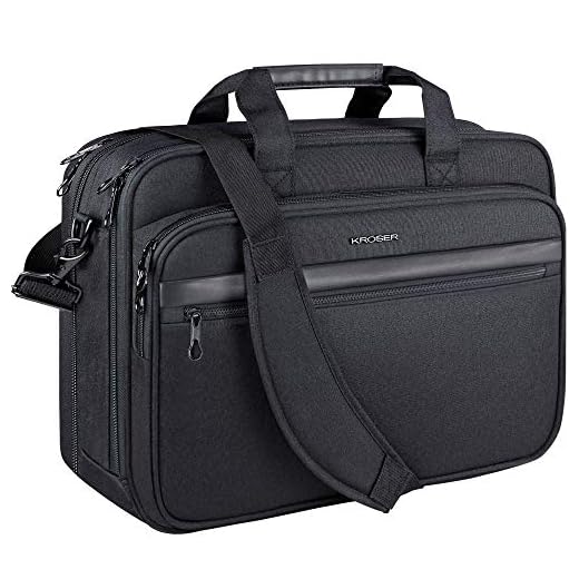 KROSER 18" Bandolera para Portátil Maletín Premium para Laptop hasta 17.3" Expandible Hidrófugo Bolsa del Hombro Bolsa de Computadora para Viajes/Negocios/Escuela/Hombres/Mujeres-Negro