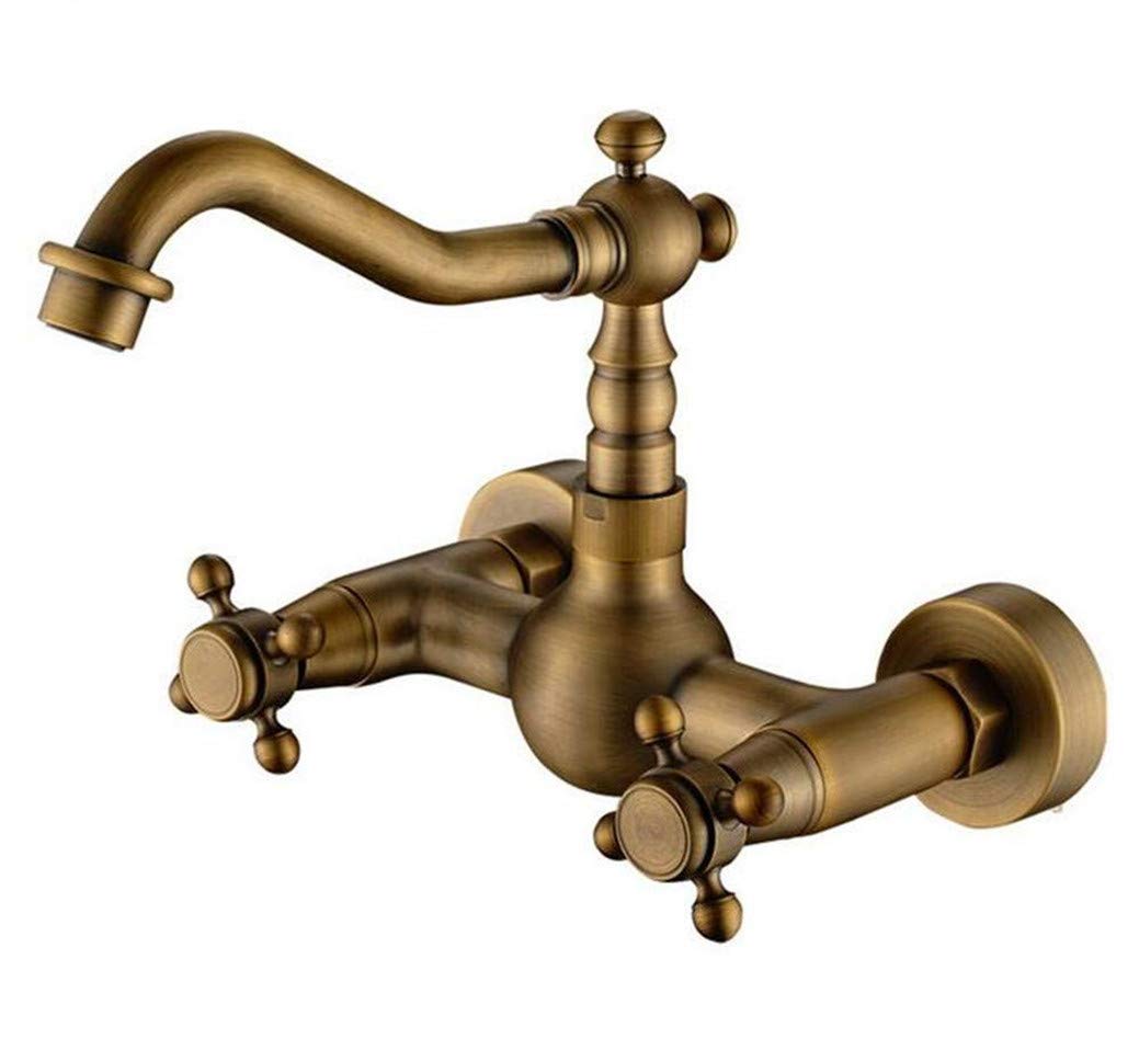 BHFPFZA Retro Antique Bronze Wall Mounted Kitchen Tap with Double Handles and 360°Rotation Mixer Faucet for Bathtub and Sink Aerator Included