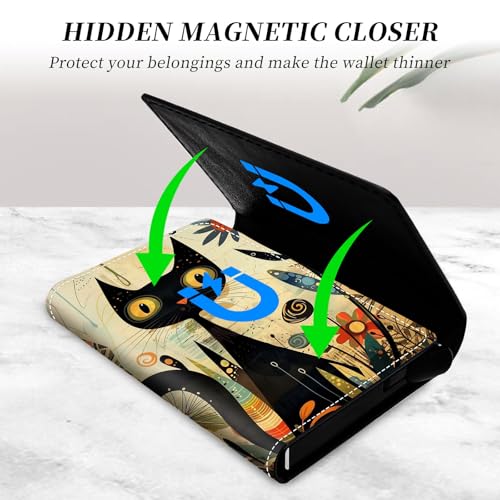Credit Card Holder Aluminum Auto Pop Up Wallet, Slim Minimalist Credit Card Holder For Men and Women, Leather Card Case Front Pocket Trifold Wallet RFID Blocking Wallets,Black Cat and Floral4