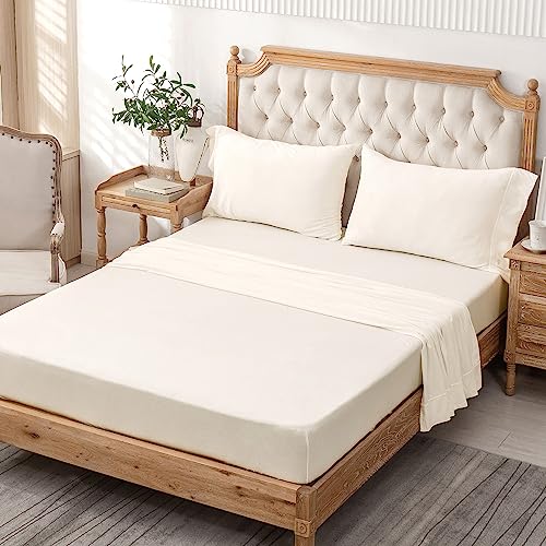 PURE ERA Jersey Knit 4pc Bed Sheet Set 100% T-Shirt Cotton Super Soft Comfy Breathable Fits Mattress Up to 20" Extra Deep Pocket (Solid Creamy White, Queen)