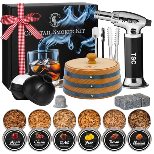 Cocktail Smoker Kit with Torch - Premium Bourbon Smoker Kit with 6 Flavor Wood Chips - 20pcs Whiskey Smoker Infuser Kit - Unique Whiskey Barrel Design - Drink Smoker Gift Set for Men, Dad (No Butane)