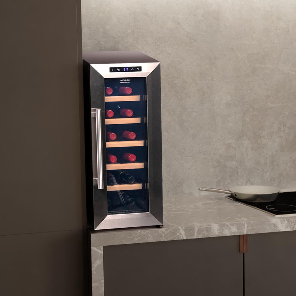 Cecotec Vinoteca 12 Botellas Bolero GrandSommelier 1270 CoolWood. Nevera para Vino, Enfriamiento Termoeléctrico, Temperatura regulable y Luz LED interior, Diseño en Madera e Inox