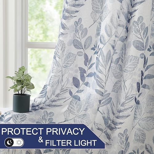 Image of Blue Leaf Light Filtering Window Curtains, 55 inch Wx63 Lx2