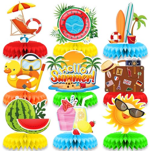 Image of 9 Pieces Summer Honeycomb Centerpieces Table Decor, Beach Sun Watermelon Pool Party Table Topper Ornaments Signs, Fun Tropical Summer Party Decorations
