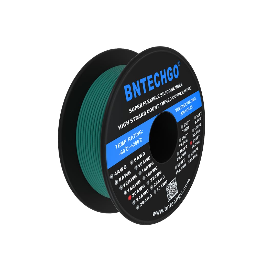 Bntechgo - Carrete de cable flexible calibre 20 AWG (1,8 mm de diámetro), cobre estañado trenzado, bobina de 76 m, verde