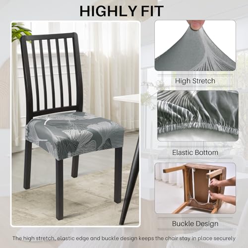 Image of SearchI Stretch Dining Chair Seat Covers Set of 6, Soft Removable Washable Seat Covers for Dining Chairs, Dining Room Seat Cover Protector (Rear-Covered, Grey Green Foliage)