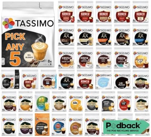 Tassimo Coffee, Tea, Chocolate Pods. Pick Any 5 Packs from 50+ Blends Including Kenco, Costa, Jacobs, Hot Chocolate, Chai latte, Baileys, Cadbury, Milka, Oreo, Cafe Hag and More.