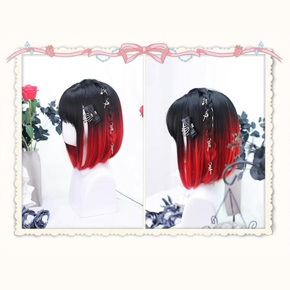 Black and Red Ombre Lolita Girls Wig Short Bob Hair with Bangs Japanese Natural Hair High Temperature Silk Wig