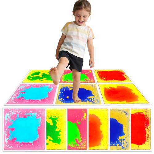 Sensory Floor Tiles Liquid for Kids: Motion Activity Play Mat 12x12 Inch Non-Toxic Anti-Slip Leakproof - 6 Colorful Pads Tactile Exploration & Visual Tracking Toys for Toddlers/Autism Room