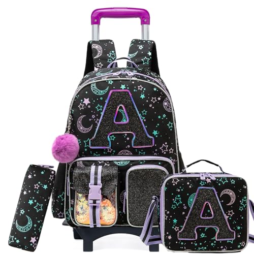 ZBAOGTW Mochila com rodinhas para meninas, mochila escolar com rodas, mochila infantil com lancheira para escola primária, Roxo A, Medium, Personalizado