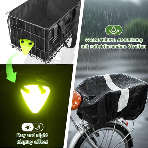 Fahrradkorb hinten abnehmbar, Gepäckträger-Korb faltbar, Fahrrad Korb Schulranzen hinten E-Bike groß, Bike-Basket mit Gepäcknetz, Regenschutz, Innenfutter & Reflektoren, Hundekorb Fahrrad, Schwarz