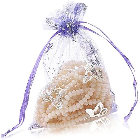 100 Pcs Organza Gift Bags YFZYT Wedding Party Favor Jewelry Candy Drawstring Pouches Wrap with Butterfly Pattern - 9 * 12 cm, Light Purple B Cover