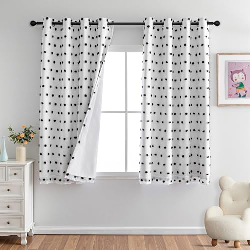MYSKY HOME Blackout Curtains for Kids Bedroom 100% Light Block Out Thermal Insulated Curtain 63 Inches Grommet Room Darkening Curtains Privacy Window Drapes with Black Pom Pom Sheer 2 PCS, 50" x 63"
