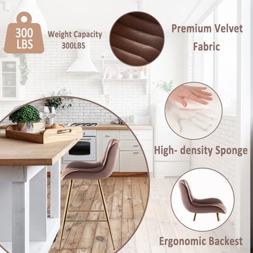Image of Sidanli Brown Velvet Bar Stools-Set of 2, 24 Inch Bar Stools for Kitchen Counter