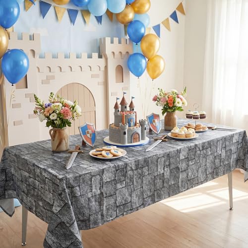 Image of 3 Pack Stone Wall Plastic Tablecloths, 54 x 108 Inch Medieval Castle Party Decorations Brick Stone Table Cloths for Rectangle Tables Waterproof Table Cover for Knight Birthday Castle Party Supplies