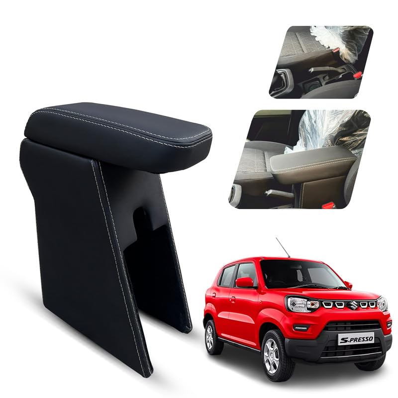 Image of Carigiri Premium Finish Car Armrest with Storage Box And High Density Moulded Foam For Maruti Suzuki S.Presso (Black With White Double Stitching,Nappa Leatherette)