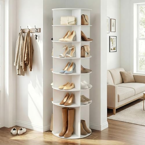 Bonnlo Étagère à Chaussures Rotative 7 Niveaux, Armoire à Chaussures Tournante 360°, Meuble de Rangement Chaussures Vertical 60 * 60 * 184cm, Blanc, pour...