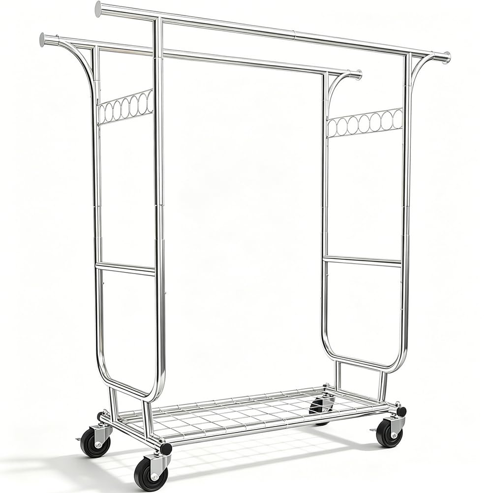 GHSIRUEU Heavy Duty Clothes Rack Load 620 Lbs, Double Rod Rolling Clothing Rack
